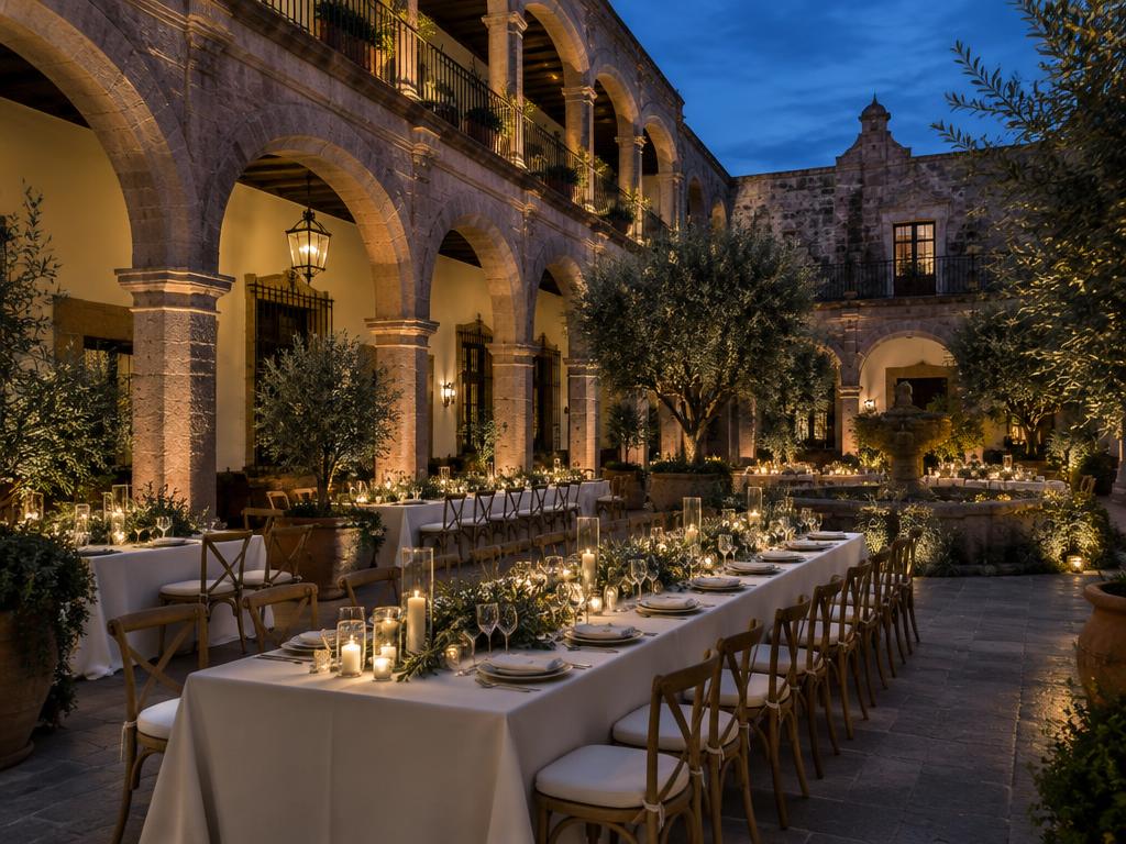 An illustrative Mexican colonial courtyard set for an evening dinner, not the confirmed venue